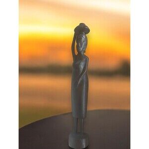 Vintage Hand Carved Wooden Figurine Tanganyika African Woman W/ Water Bowl Rare